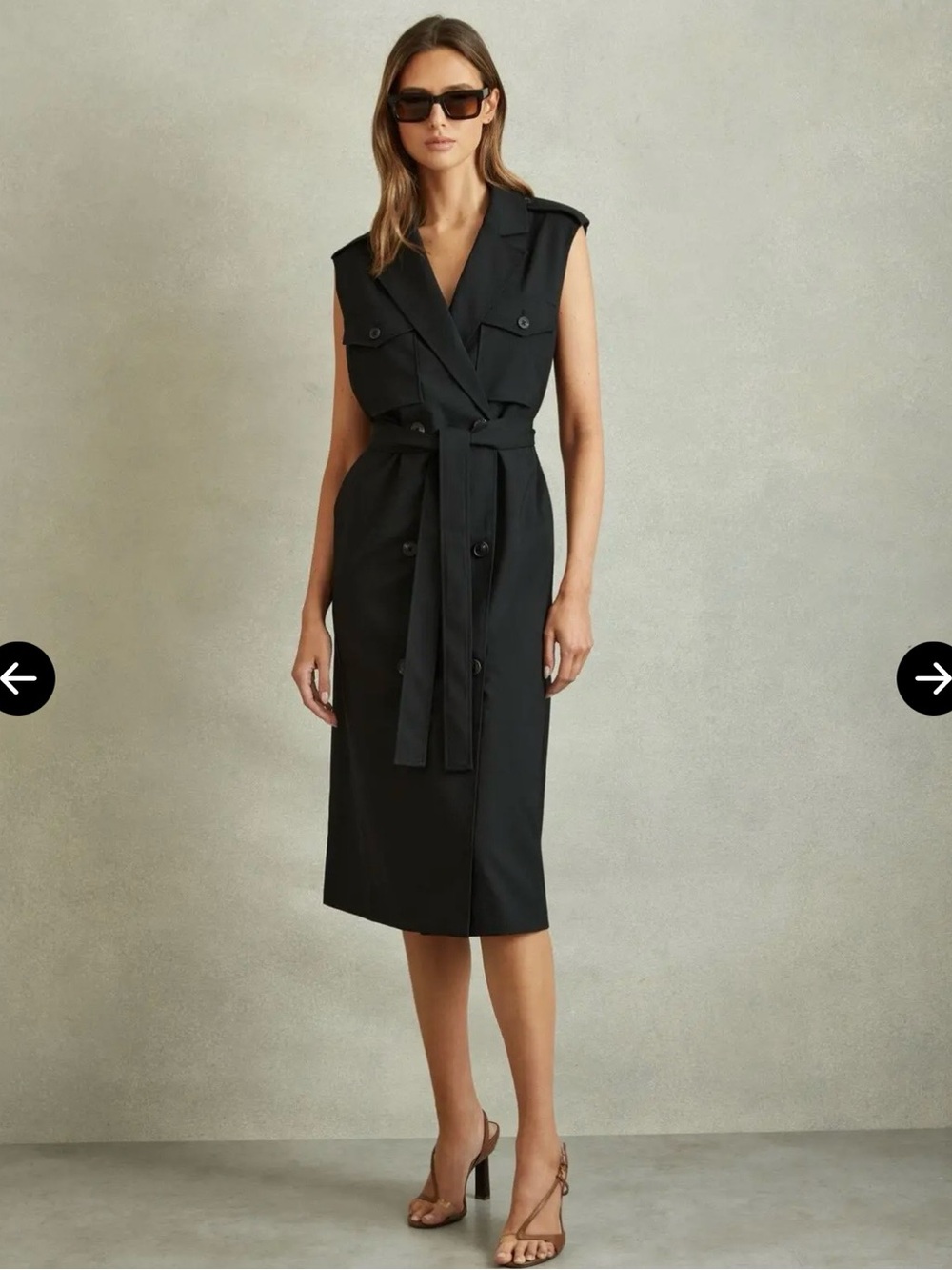 Reiss Black Sleeveless Trench Midi Dress